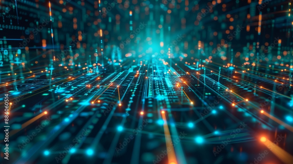 Futuristic cyber grid with neon circuit lines and data streams in blue and green illumination