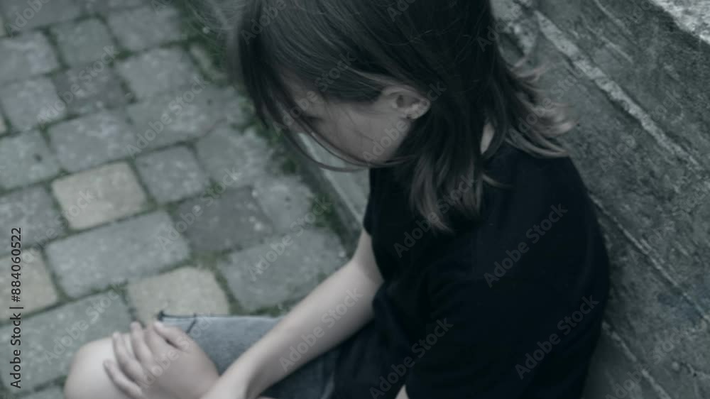 A sad lonely girl sits alone on the steps. Concept of loneliness, loss of a loved one ,bullying, mental health problems in bullies and teenagers A sad lonely girl sits alone on the steps. Concept of loneliness, loss of a loved one ,bullying, mental health problems in bullies and teenagers