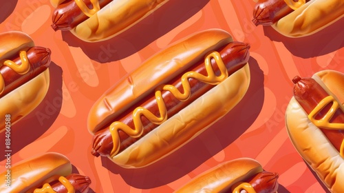 Seamless pattern of hotdogs with mustard on orange background photo