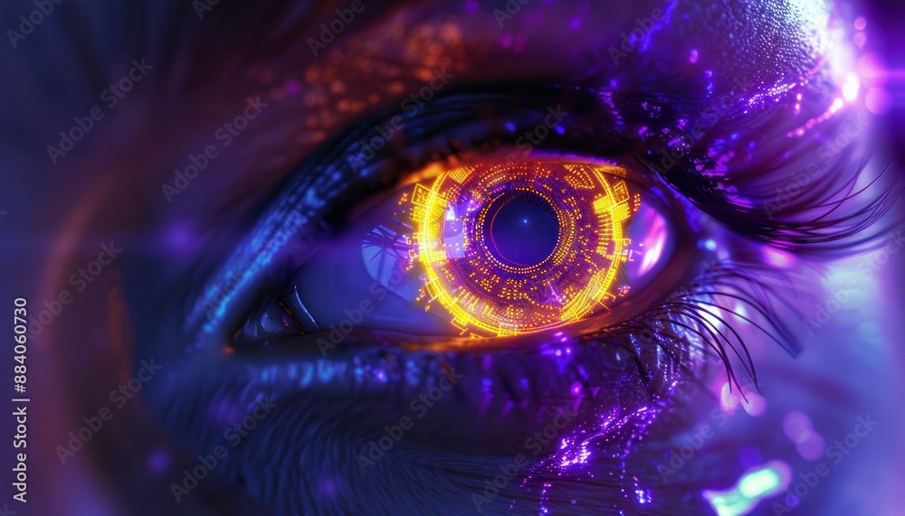 The Optical Biometrics Eye Futuristic Cyberspace Technology Neural Network with Beautiful Colors Scan The Optical Biometrics Eye Futuristic Cyberspace Technology Neural Network with Beautiful Colors Scan
