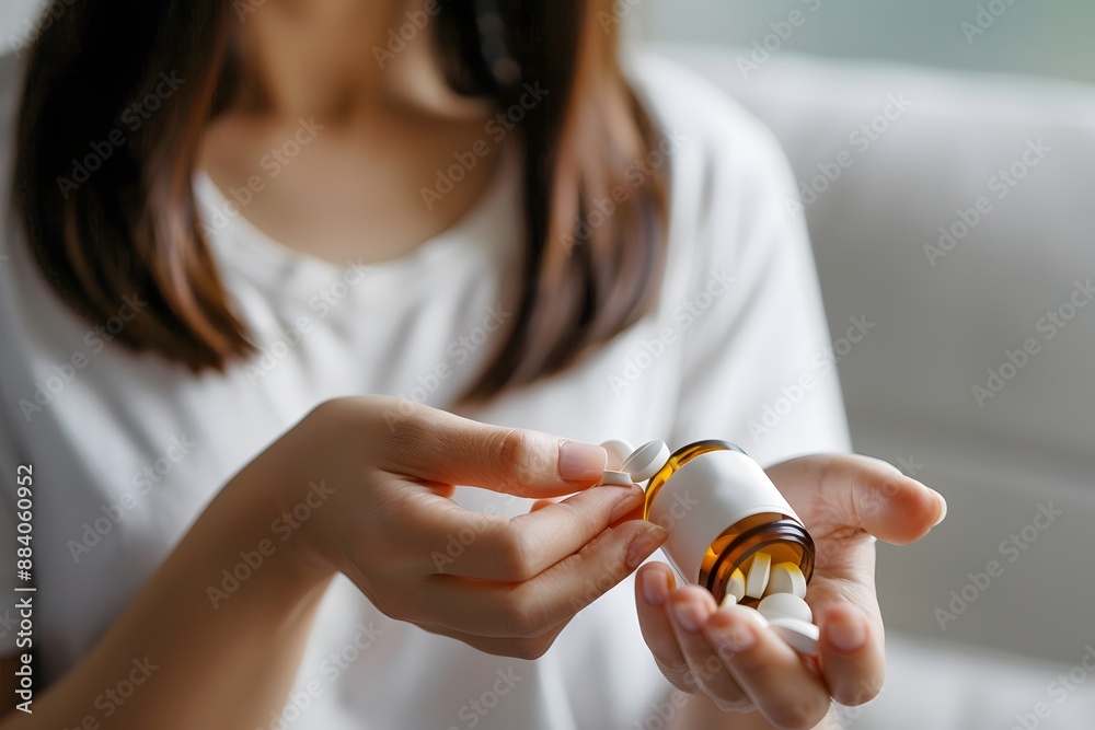 Close up of a woman's hand holding a bottle with pills and taking one from it Close up of a woman's hand holding a bottle with pills and taking one from it