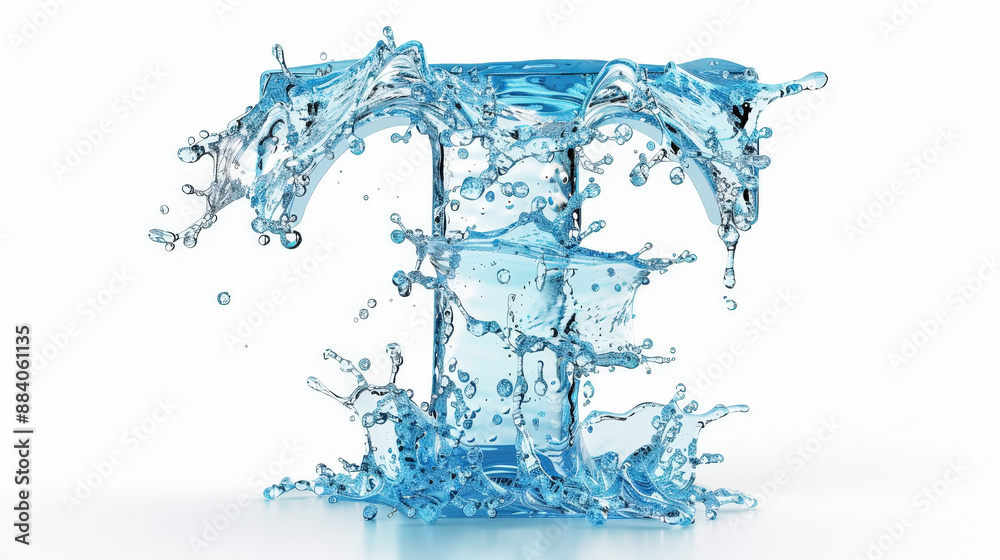 Capital letter T made of blue water splashes or ice on light background. Scrapbook activity. Generative AI Capital letter T made of blue water splashes or ice on light background. Scrapbook activity. Generative AI