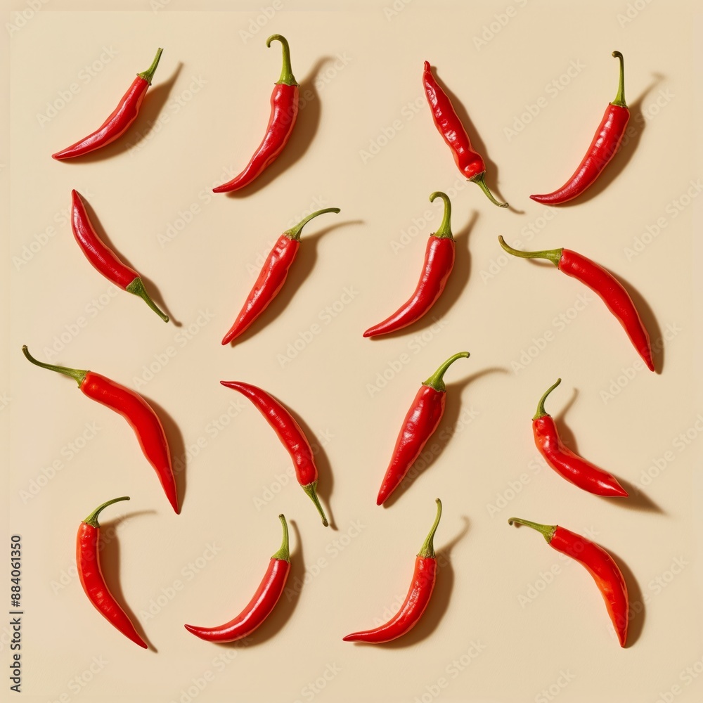 A pattern of red chili peppers arranged on a beige background, representing a food concept, perfect for themes of cuisine, spice, and culinary design. A pattern of red chili peppers arranged on a beige background, representing a food concept, perfect for themes of cuisine, spice, and culinary design.