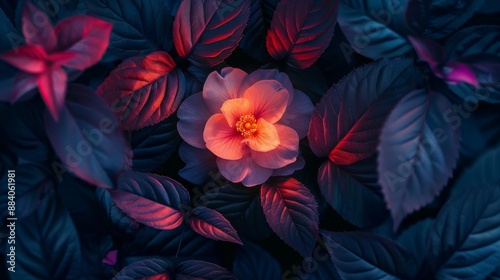Glowing flower in the dark with vibrant leaves