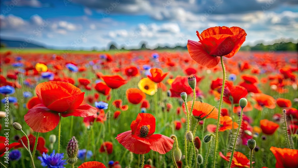 Fototapeta premium Field of vibrant red poppies and beautiful flowers in bloom, poppy, field, red, flowers, vibrant, beautiful, nature, garden