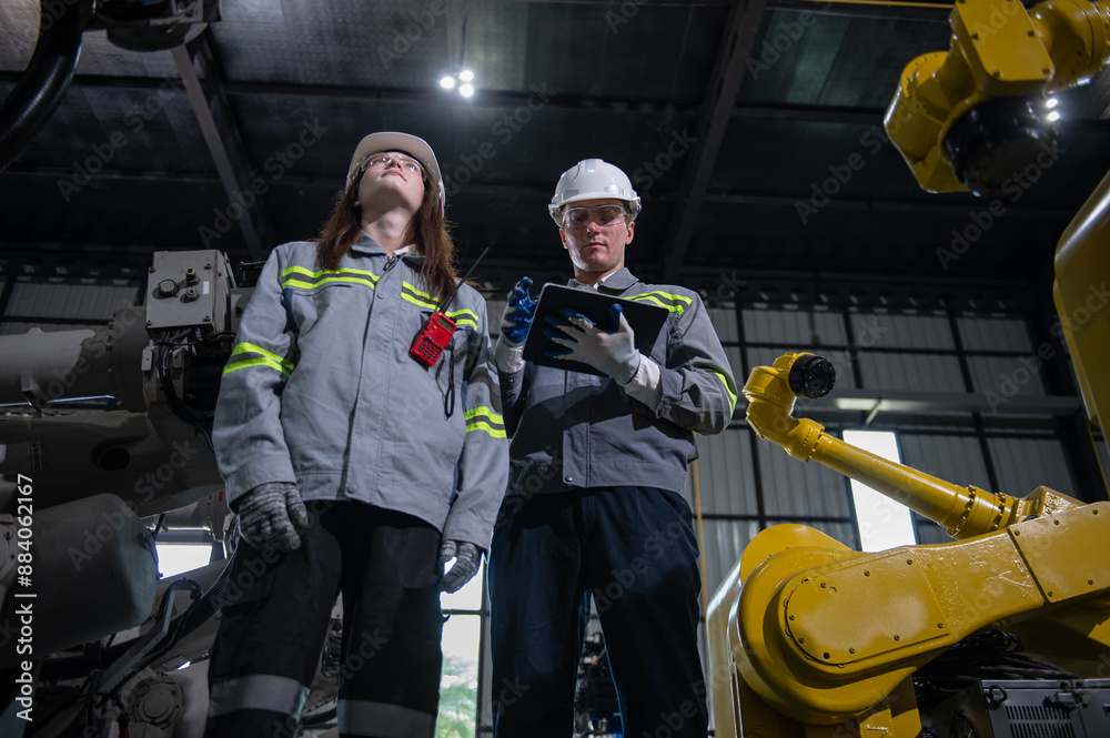 Engineer standing by robotic arm and operating machine in industry factory Engineer standing by robotic arm and operating machine in industry factory