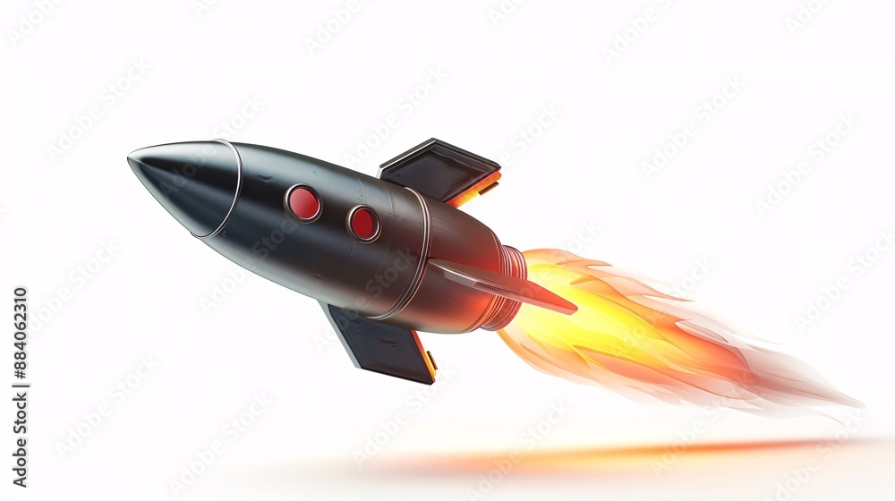 3D Lifelike Metal Rocket launching into space, representing the concept of a new beginning.