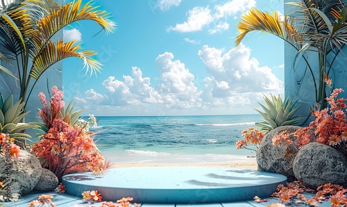 Fototapeta Naklejka Na Ścianę i Meble -  The summer product display is showcased on a podium at a tropical beach by the sea.