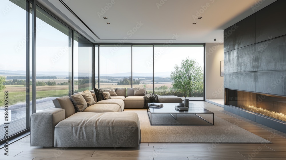 Fototapeta premium A modern living room with a sectional sofa, a sleek coffee table, a minimalist fireplace, and floor-to-ceiling windows overlooking the countryside.