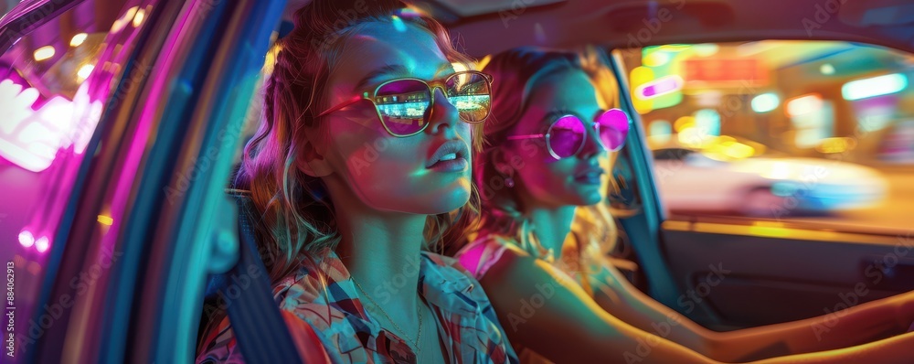 Three young women enjoying a fast ride in a car, with wind in their hair. Three young women enjoying a fast ride in a car, with wind in their hair.