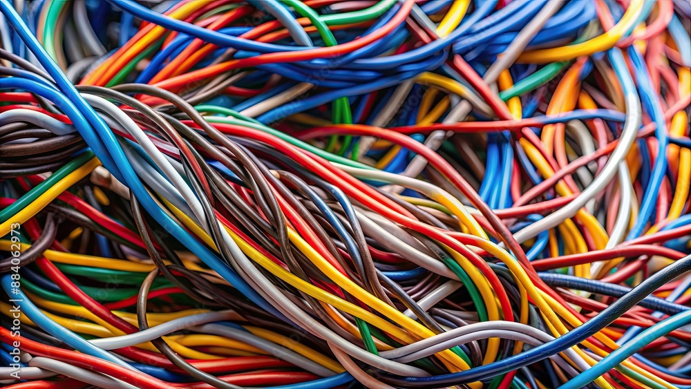 Close up of a tangled bunch of cables, wires, technology, connection, electronic, chaos, complexity, network, data Close up of a tangled bunch of cables, wires, technology, connection, electronic, chaos, complexity, network, data