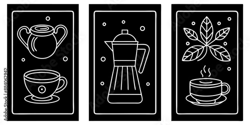 A set of three cards displaying teapots, cups, and leaves on them