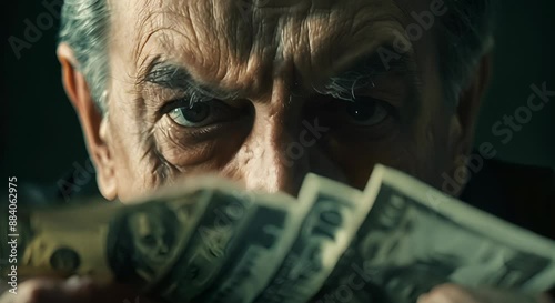 Close-up of an elderly man's intense gaze over a fan of hundred-dollar bills, symbolizing wealth, finance, and money management.