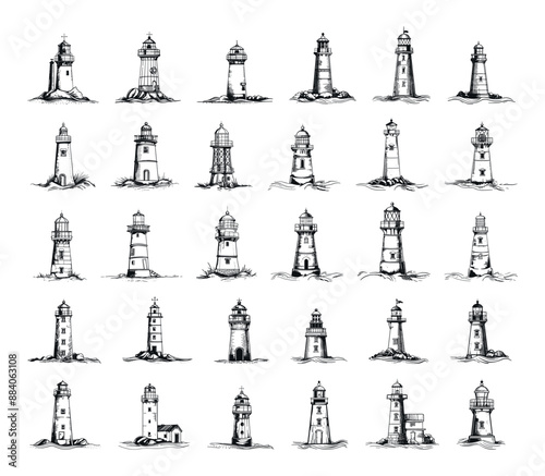 Lighthouses Icons Set Line Engraving Style Sketch Crisp Contours White Background Illustration Nautical Coastal Minimalist Design Decorative Elements Sketch Style Outline