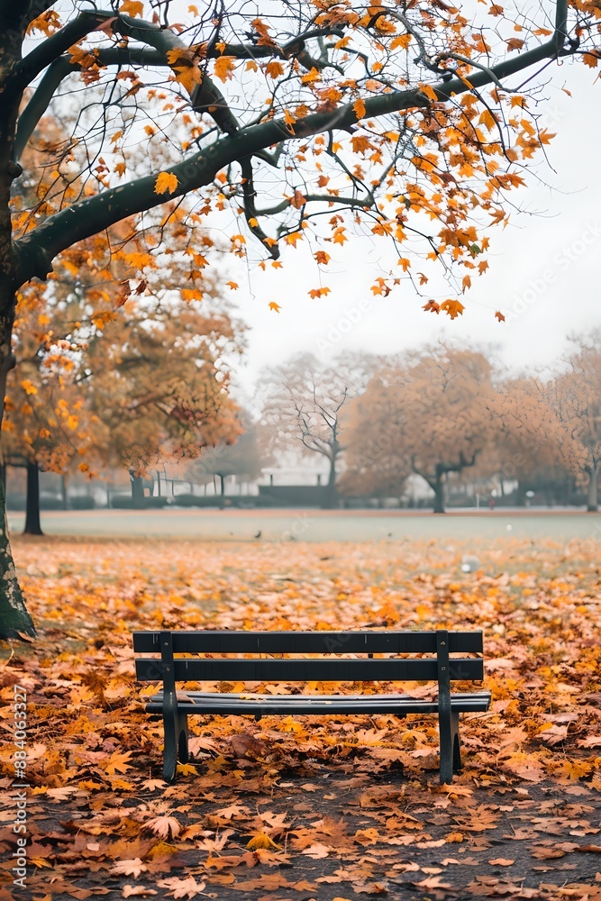 Bench in misty autumn park. Beautiful nature landscape. Fall season concept. Design for wallpaper, poster backdrop with copy space Bench in misty autumn park. Beautiful nature landscape. Fall season concept. Design for wallpaper, poster backdrop with copy space