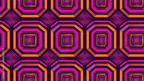 seamless pattern, Colorful geometric pattern with hexagonal shapes in shades of purple, orange, and pink. Seamless digital design for backgrounds or textiles.