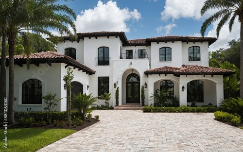 Front view of beautiful modern white Spanish style home with black windows and dark brown roof, paver driveway in Florida during summer with trees, high resolution photography photo