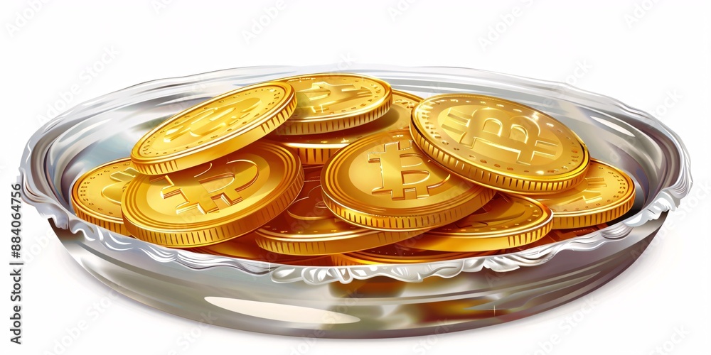 Illustration of golden coins on a silver platter against a white backdrop. Illustration of golden coins on a silver platter against a white backdrop.