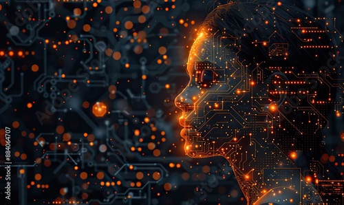 Artificial intelligence concept with a human head in an orange outline, featuring a circuit board inside, showcasing the intersection of technology and engineering. photo