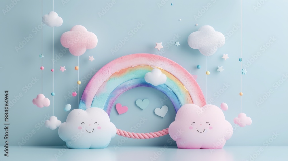 Soft pastel clouds and a vibrant rainbow create a whimsical and dreamy nursery decor perfect for a child's room. Soft pastel clouds and a vibrant rainbow create a whimsical and dreamy nursery decor perfect for a child's room.