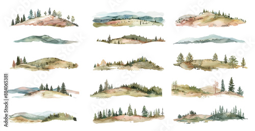 Minimal Landscape Art Set Low Detailed Line Sketch Crisp Contours White Background Watercolour Illustration Nature Scenery Minimalist Flat Design Decorative Elements Sketch Style