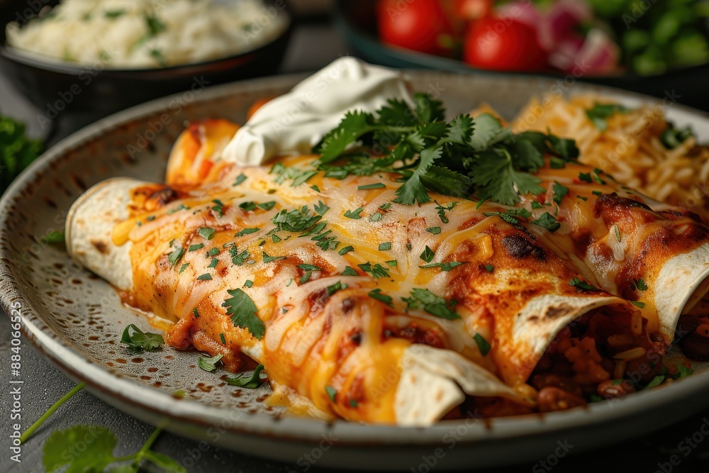 A vibrant plate of chicken enchiladas topped with melted cheese, garnished with fresh cilantro and a drizzle of sour cream, served with a side of Mexican rice and refried beans. A vibrant plate of chicken enchiladas topped with melted cheese, garnished with fresh cilantro and a drizzle of sour cream, served with a side of Mexican rice and refried beans.