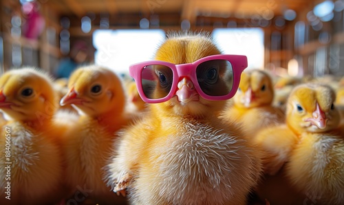 A cute little baby chick in pink sunglasses stands out from the crowd, embodying the concept of leadership as it stands before a large group of chicks at the farm. photo