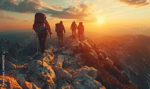 A group of people on a mountain peak help each other climb to the top, embodying the concept of teamwork.