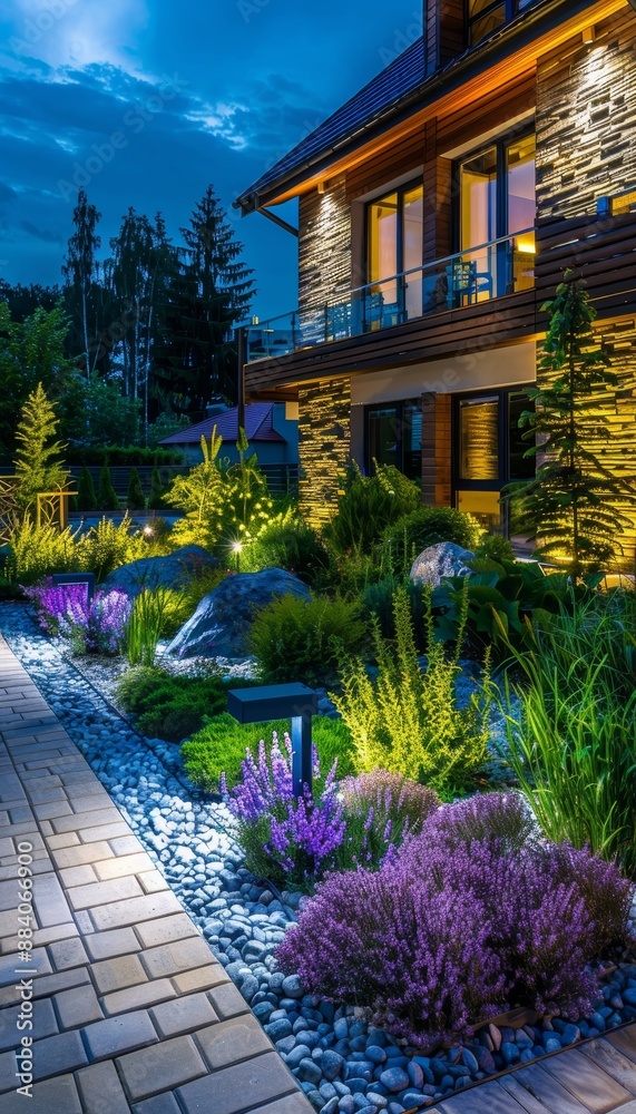 Fototapeta premium Modern residential garden illuminated pathway and ambient lighting enhancing flowers and plants
