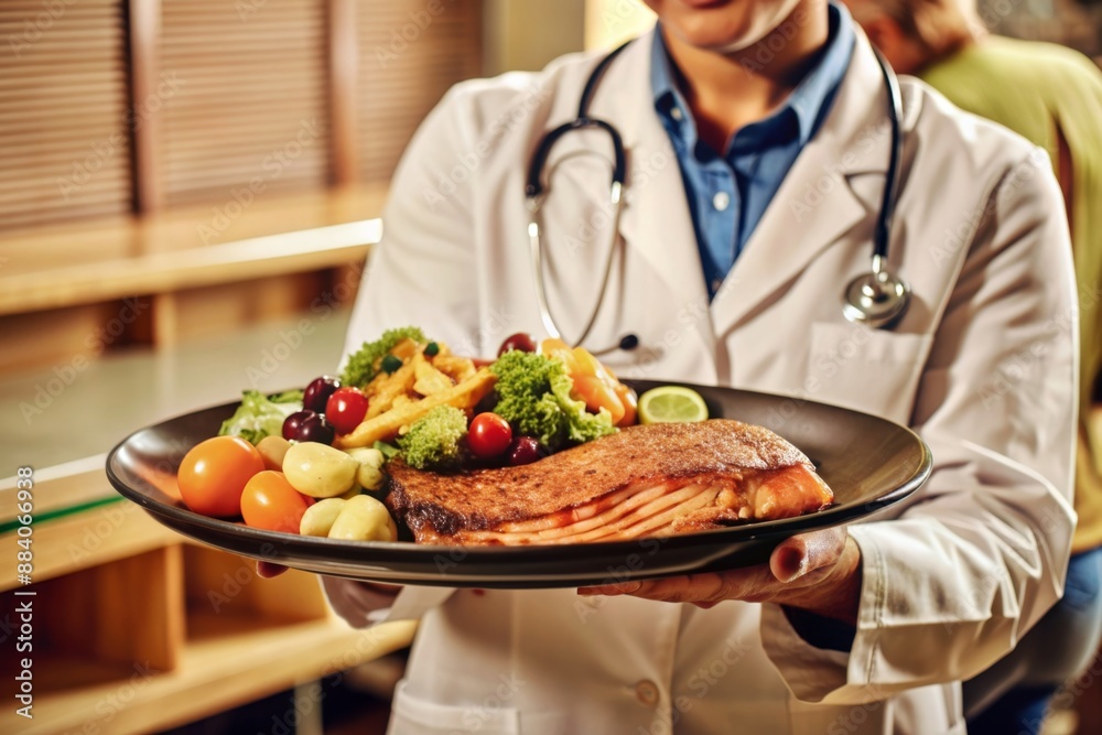 Nutritionist doctor holding healthy salmon steak and vegetable vitamin food for patient in hospital. Nutritionist doctor holding healthy salmon steak and vegetable vitamin food for patient in hospital.