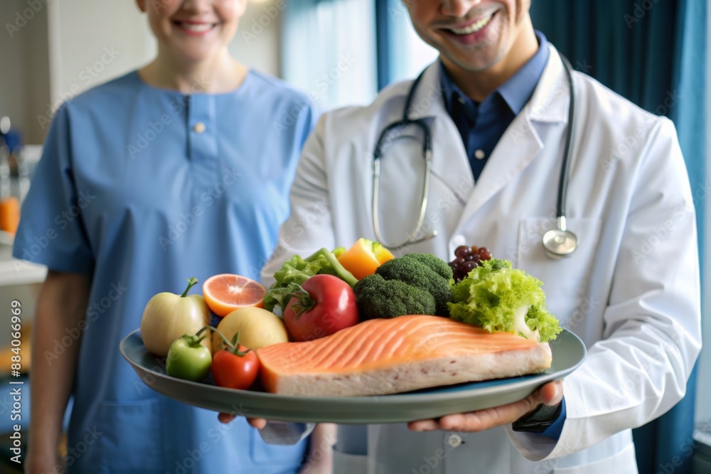 Nutritionist doctor holding healthy salmon steak and vegetable vitamin food for patient in hospital Nutritionist doctor holding healthy salmon steak and vegetable vitamin food for patient in hospital