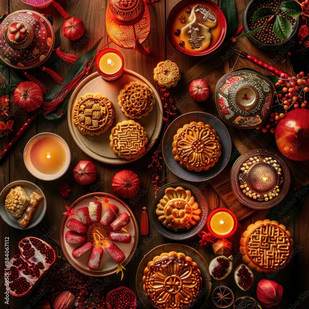 A vibrant series of still lifes featuring mooncakes, pomelos, lanterns and other traditional Mid-Autumn Festival delicacies By Generated AI A vibrant series of still lifes featuring mooncakes, pomelos, lanterns and other traditional Mid-Autumn Festival delicacies By Generated AI