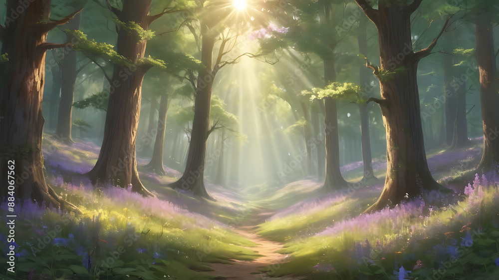 Fototapeta premium A tranquil forest scene with sunlight filtering through tall, majestic trees onto a carpet of wildflowers with copy space