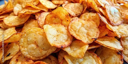 Close up of a pile of crispy potato chips , snack, crunchy, salty, fried, unhealthy, treat, delicious, snack food, close-up