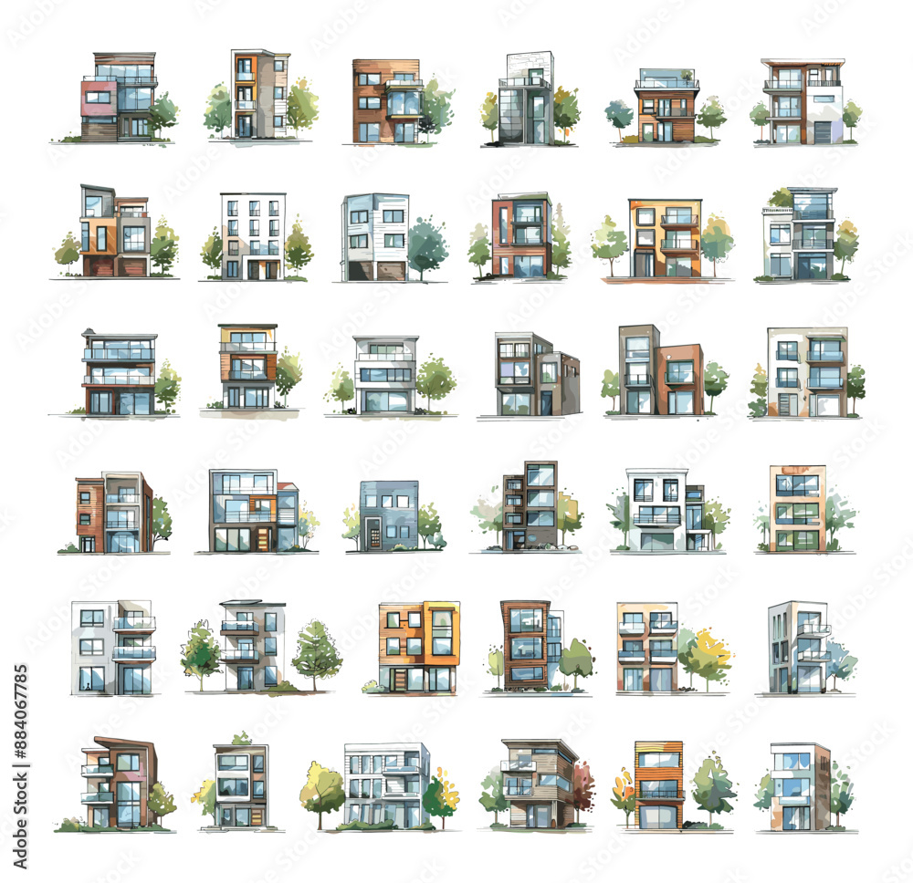 Modern Town Houses Icons Set Low Detailed Line Sketch Crisp Contours White Background Watercolour Illustration Minimalist Flat Design Decorative Elements Architecture Building Modern Town Houses Icons Set Low Detailed Line Sketch Crisp Contours White Background Watercolour Illustration Minimalist Flat Design Decorative Elements Architecture Building