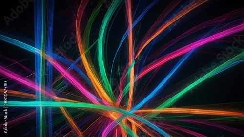 Vibrant neon ribbons intertwine in a mesmerizing dance of electric blues, vivid pinks, and luminous greens, creating a kaleidoscope of color that pops against a dark background. Generative Ai. © Touhid09