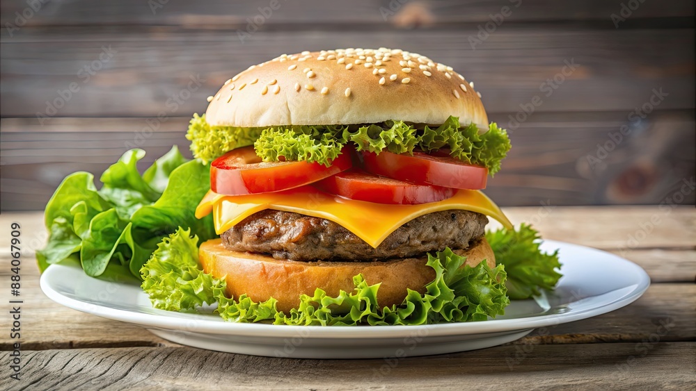 Hamburger on a white plate with lettuce, tomato, pickles, and cheese, food, fast food, burger, lunch, meal, beef, lettuce, tomato Hamburger on a white plate with lettuce, tomato, pickles, and cheese, food, fast food, burger, lunch, meal, beef, lettuce, tomato