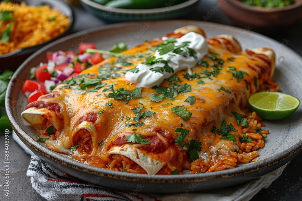 A vibrant plate of chicken enchiladas topped with melted cheese, garnished with fresh cilantro and a drizzle of sour cream, served with a side of Mexican rice and refried beans. A vibrant plate of chicken enchiladas topped with melted cheese, garnished with fresh cilantro and a drizzle of sour cream, served with a side of Mexican rice and refried beans.