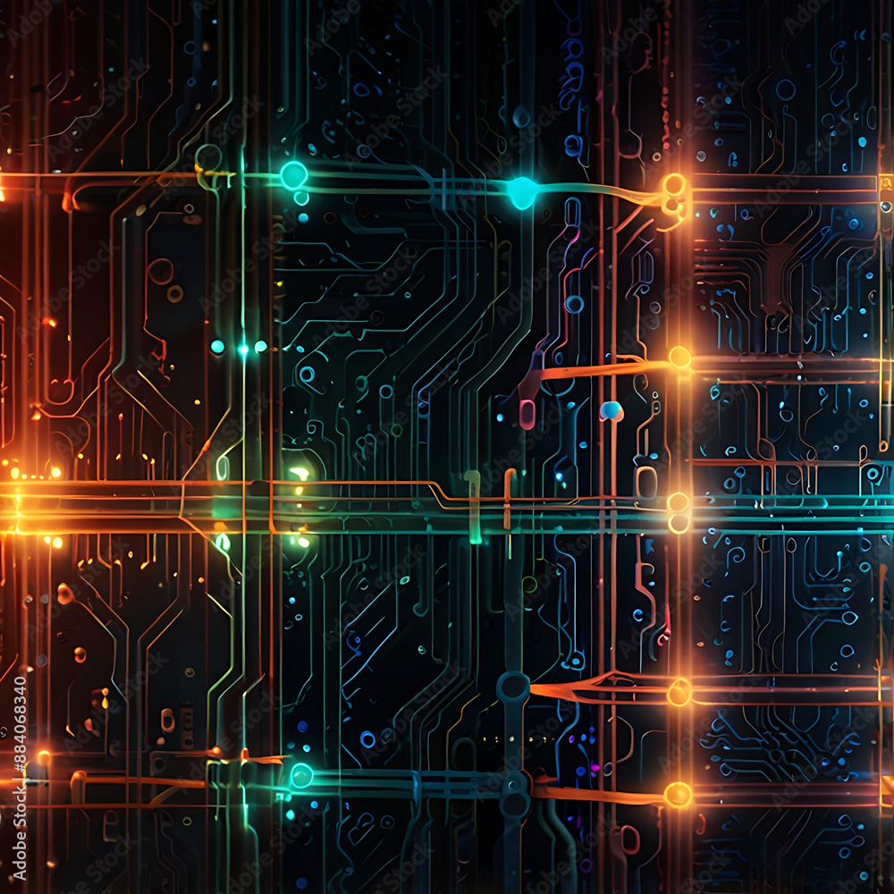 Fototapeta premium Abstract circuit patterns with glowing lines and dots, symbolising connectivity and digital advancement, copy space