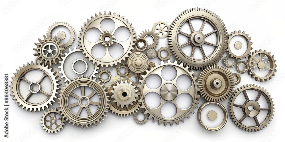 Asymmetrically arranged gears in technical drawing style on white background, gears, mechanical, machinery Asymmetrically arranged gears in technical drawing style on white background, gears, mechanical, machinery