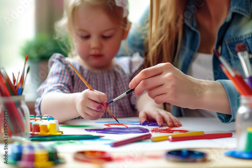 Wallpaper Mural A young child, with a paintbrush in her hand, concentrates on her artwork as mother helps guide her. Shallow depth of field Torontodigital.ca
