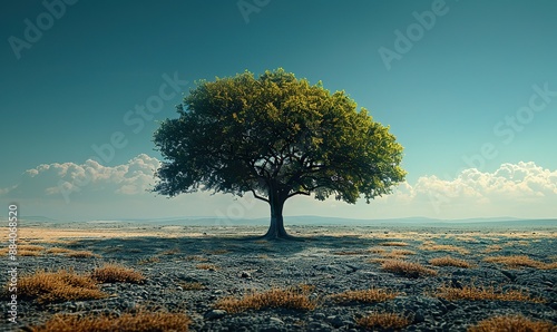 In the desolate desert landscape, a single green tree stood as a beacon of life. photo