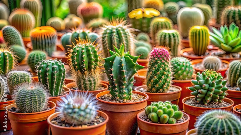 Array of indoor cacti in pots, cactus, plant, indoor, succulent, greenery, potted, decoration, desert, prickly, thorny Array of indoor cacti in pots, cactus, plant, indoor, succulent, greenery, potted, decoration, desert, prickly, thorny