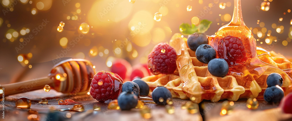 Surreal food photography of waffles with berries and honey, macro close-up, hyper-realistic, background is wooden table Surreal food photography of waffles with berries and honey, macro close-up, hyper-realistic, background is wooden table