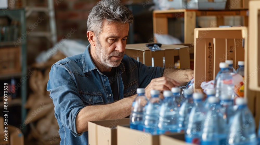 Mature Man Volunteering at Community Center Sorting Supplies with Focused Expression Mature Man Volunteering at Community Center Sorting Supplies with Focused Expression