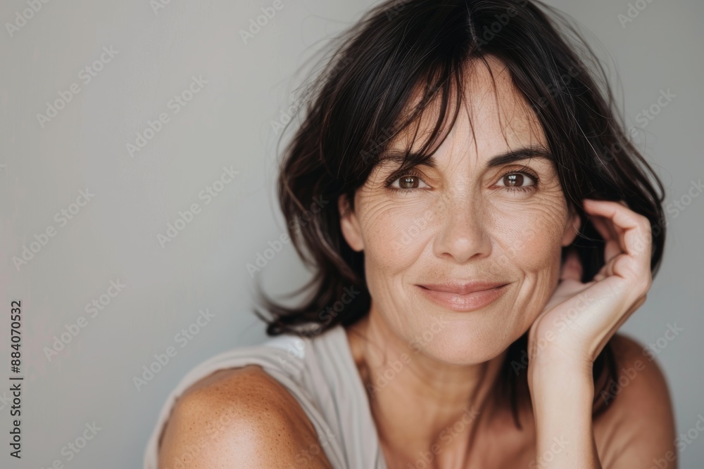 Beauty, skincare, and photograph of a smiling mature woman in a gray studio. Senior model with anti-aging skin, clean face, wellbeing, and dermatology routine. Beauty, skincare, and photograph of a smiling mature woman in a gray studio. Senior model with anti-aging skin, clean face, wellbeing, and dermatology routine.