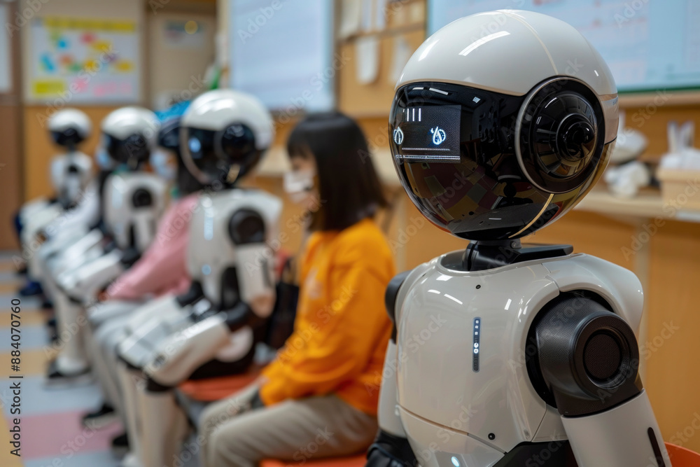 Robot teachers engage students in a high-tech classroom. Advanced AI robots to help students in education Robot teachers engage students in a high-tech classroom. Advanced AI robots to help students in education