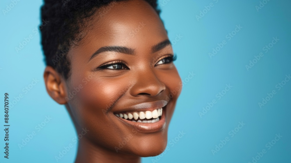 Happiness of black woman for skincare, beauty, and facial on blue backdrop for wellness, health, and spa. Salon aesthetics, dermatology, and studio closeup of makeup, radiance, and cosmetics Happiness of black woman for skincare, beauty, and facial on blue backdrop for wellness, health, and spa. Salon aesthetics, dermatology, and studio closeup of makeup, radiance, and cosmetics
