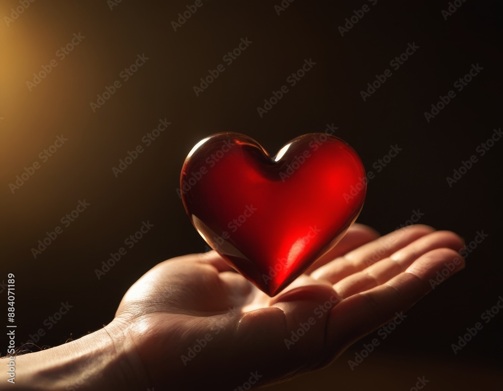 Glass heart on open palm reflects rays of light.
Glass heart on open palm reflects rays of light.