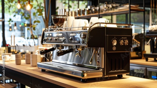 Small business, beverage shop, or retail cafe, coffee, and machine equipment closeup. Barista, drinks machinery, and luxury espresso, cappuccino, and latte restaurant backgrounds